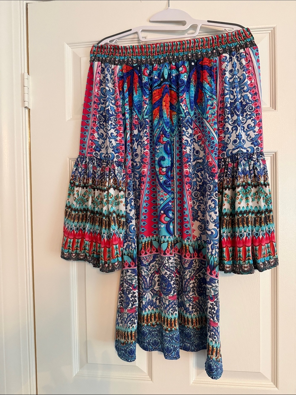 Off-Shoulder Mini Dress in Blue and Pink Paisley Print